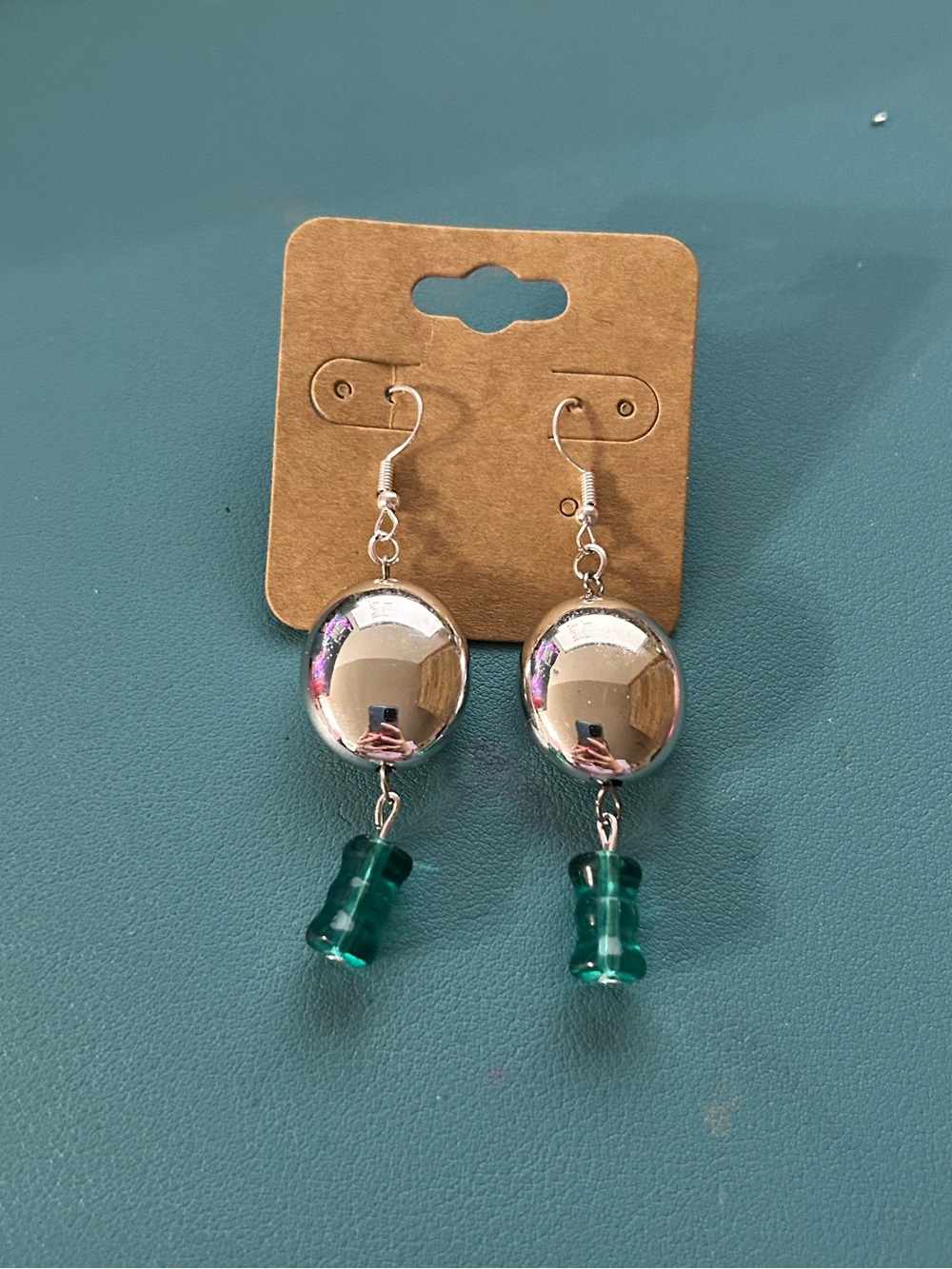 Silver Drop Earrings with Green Glass Bead Dangle